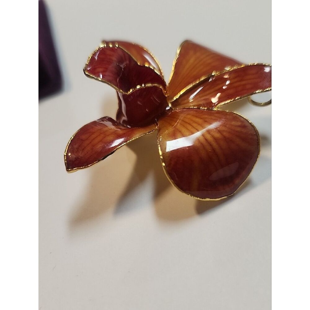 La Belle Collection 24K Gold Plated Red Enamel Orchid Pendant Necklace Brooch - Picture 3 of 3